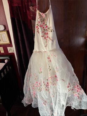Ivory Floral Embroidered Spaghetti Strap ballet dress
